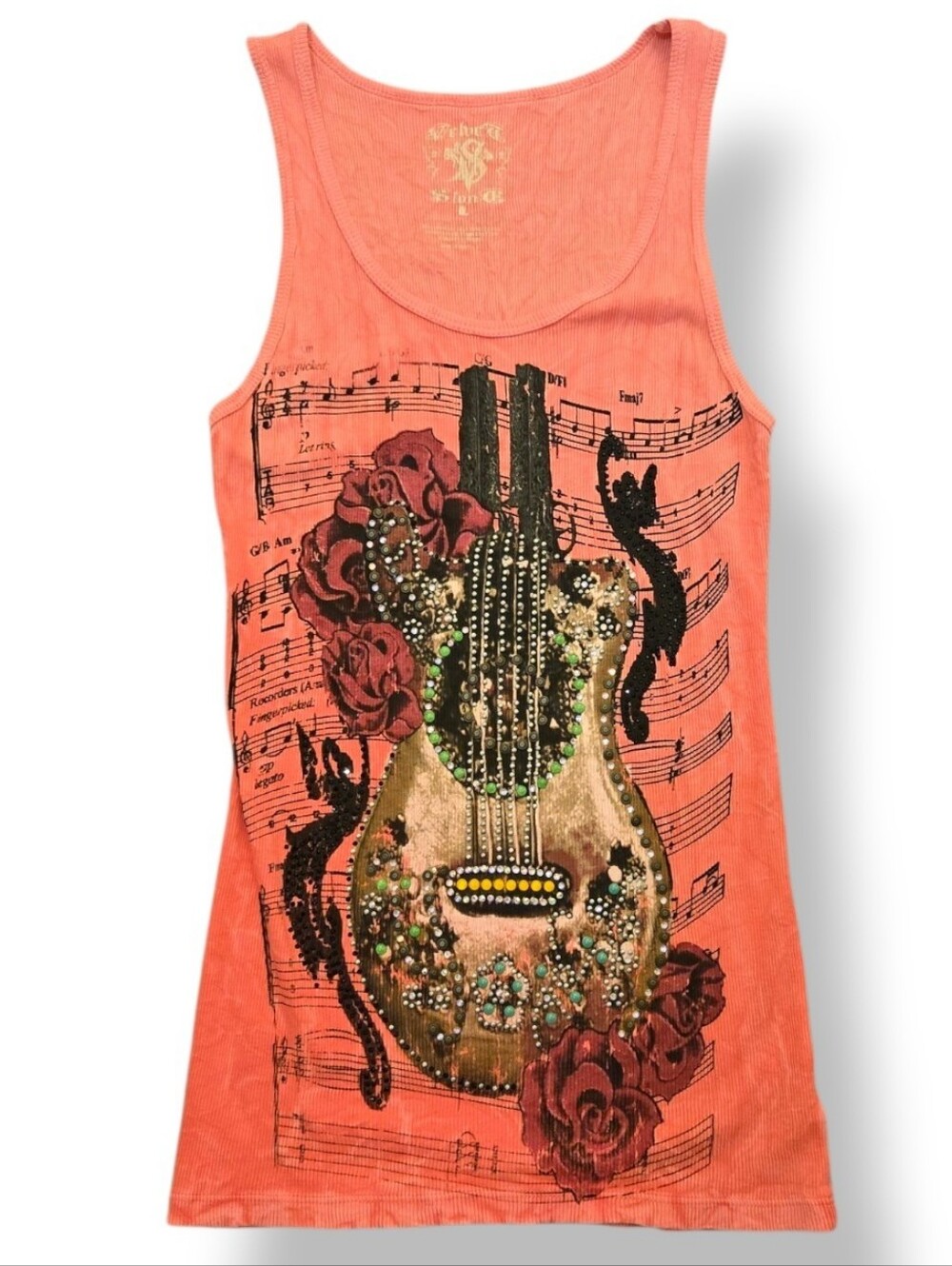 Buckle Velvet Stone Y2k Ribbed Tank Top embellished Guitar Crystals Size L Roses